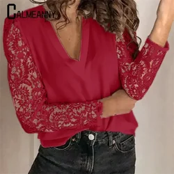 Blusas de otoño para mujer, camisa de manga larga a la moda para mujer, blusas con cuello en V para mujer, blusas nuevas elegantes, Tops calados de encaje para mujer