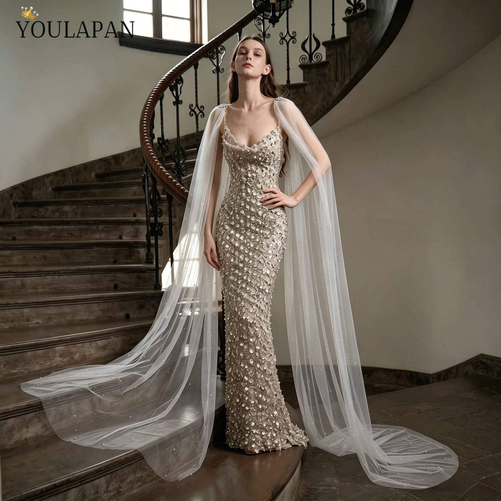 TOPQUEEN VG79 Long Pearl Tulle Shoulder Decoration Removable Women's Evening Dress Accessories Rhinestone Wedding Dress Cape