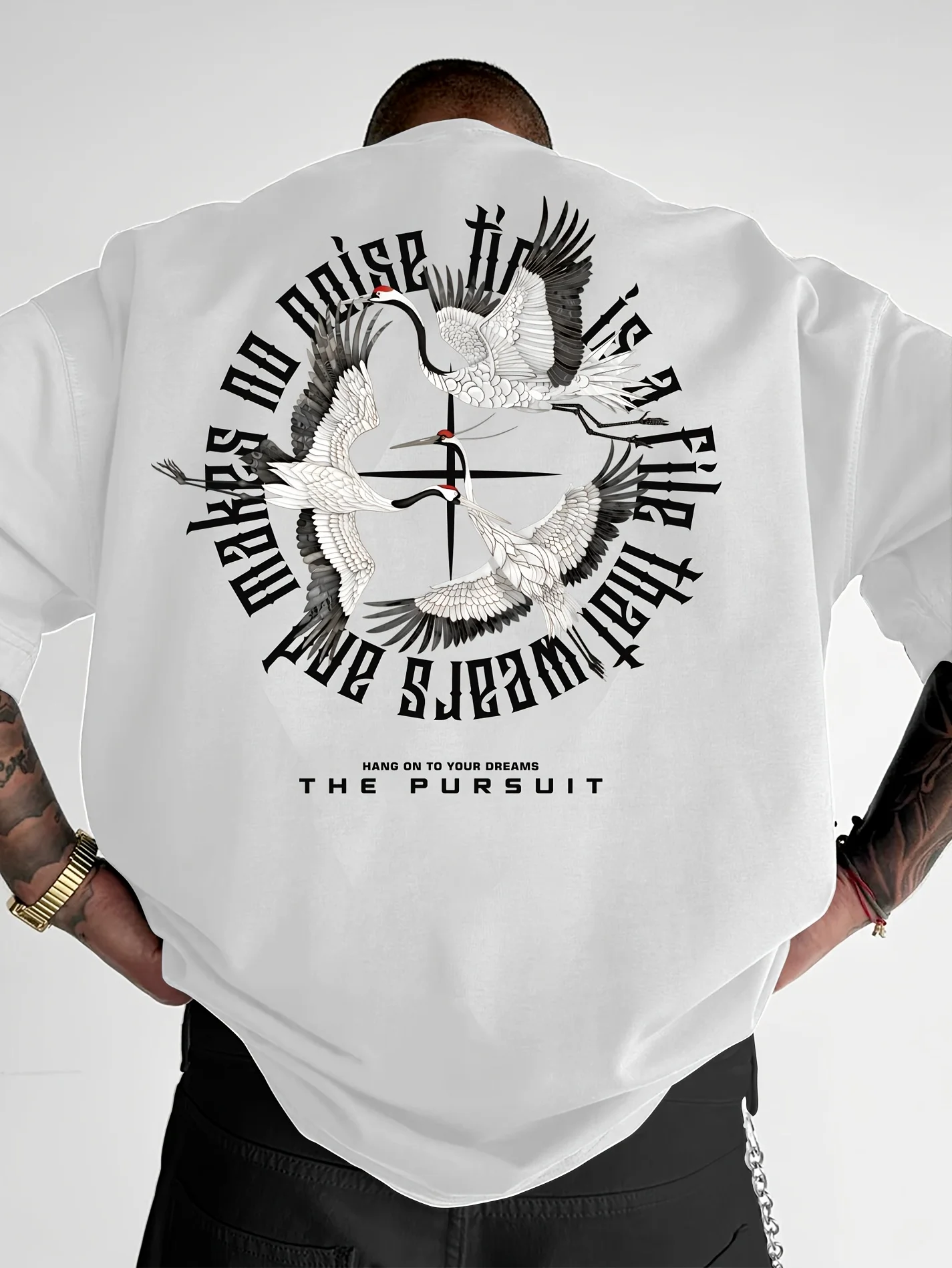 

Mens White T Shirt Crane Graphic Korean Style Zen Streetwear Vintage Aesthetic The Pursuit Typography Art Fashion Casual Tee
