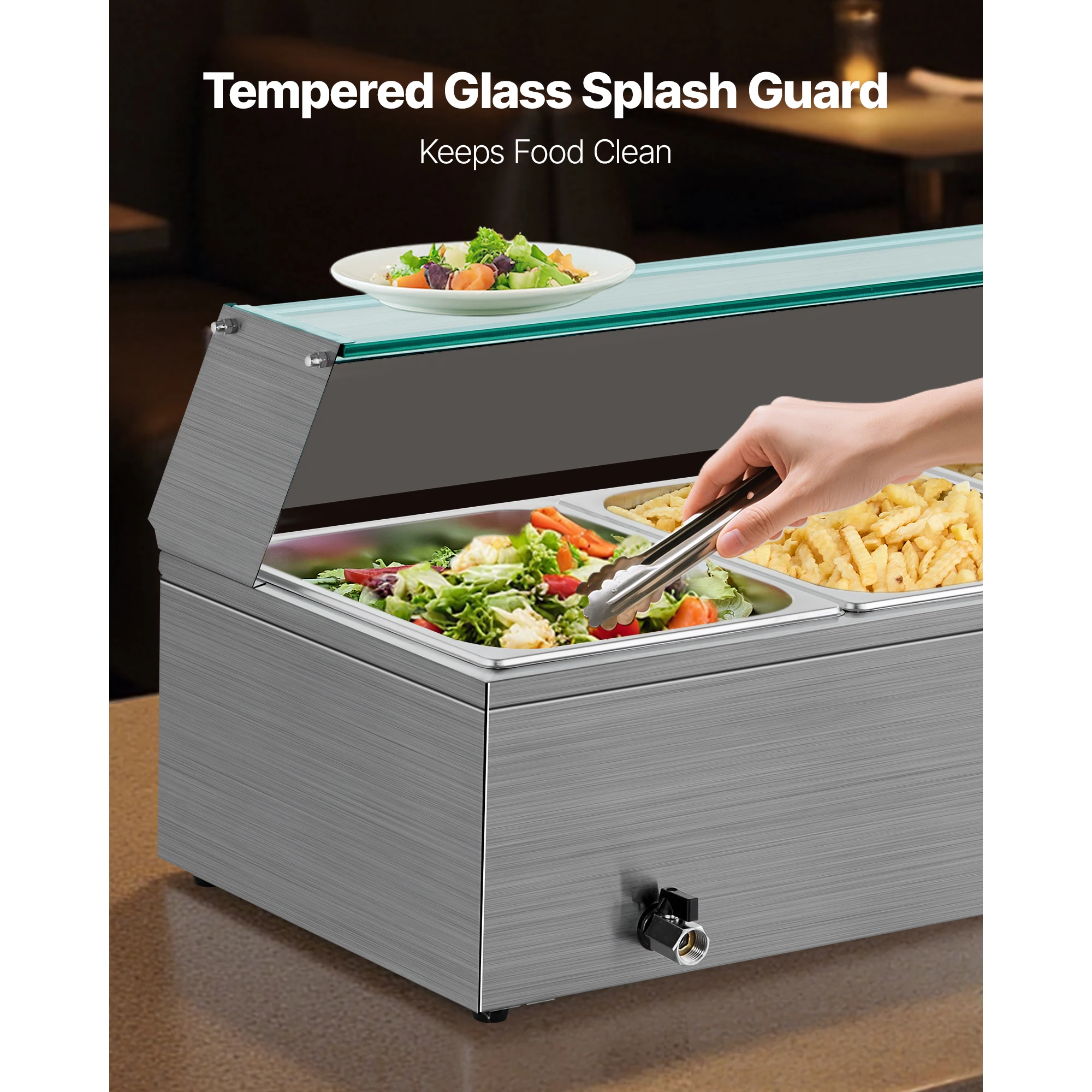 Profesjonalny podgrzewacz do żywności SucceBuy, elektryczny, ze stali nierdzewnej, parowy, z szklaną pokrywą, 3 pojemniki, nablatowy, do bufetu, bain-marie.