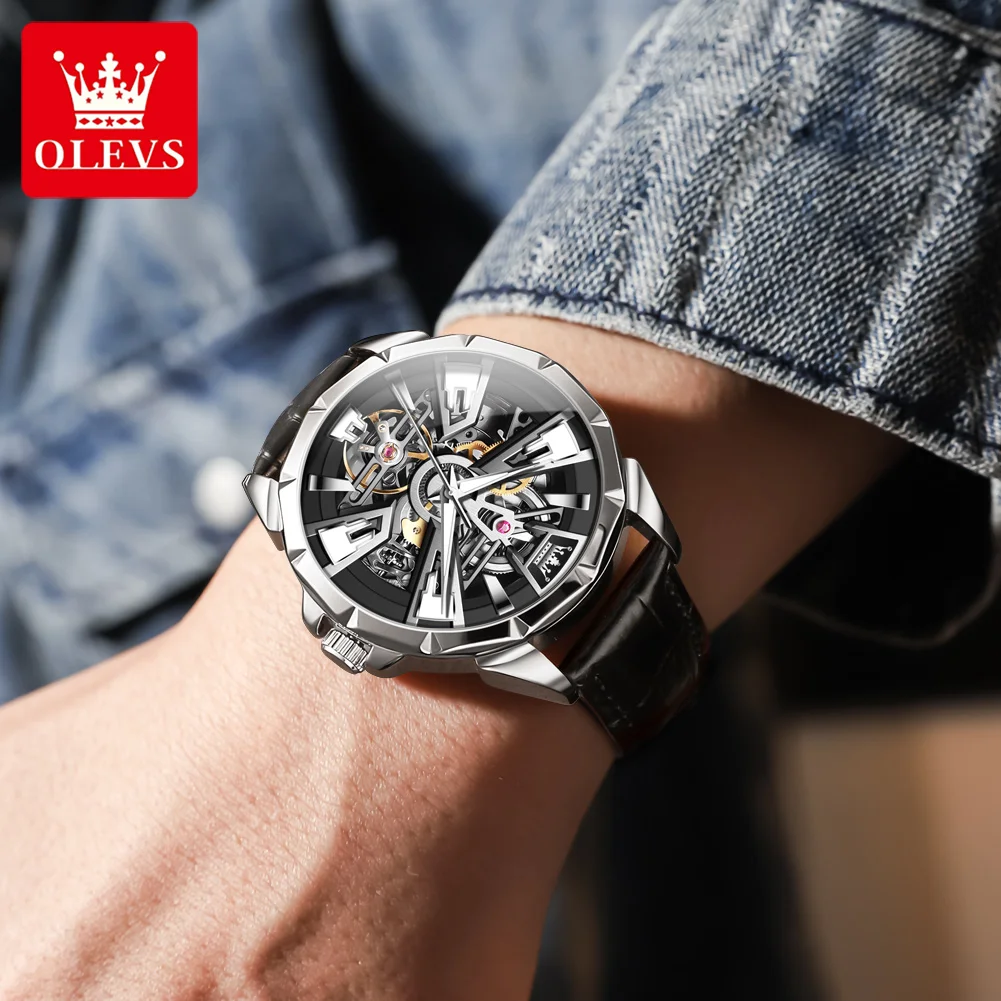 OLEVS 7051 Hollow นาฬิกาผู้ชายกันน้ําแฟชั่นสายหนังแบรนด์หรูผู้ชายนาฬิกากลไกอัตโนมัติ Reloj