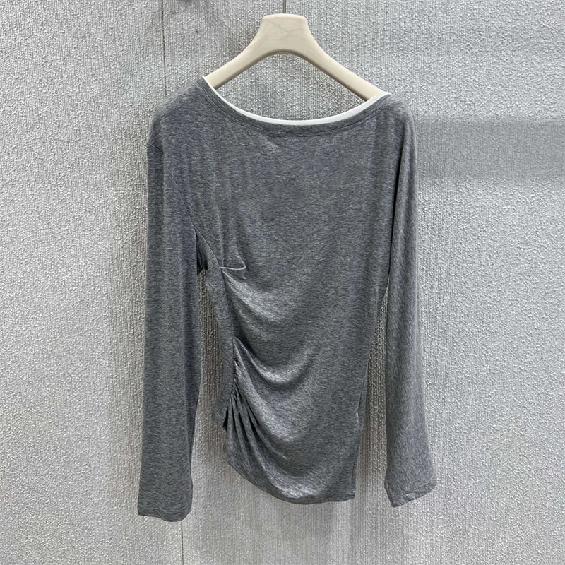 

Высококачественная асимметричная женская футболка с длинными рукавами и рюшами, стразами и буквами, сексуальная искусственная футболка из двух предметов 2591379