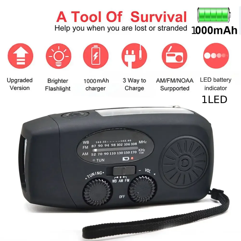 2000mAh Solar Hand Crank Radio USB Charge FM Flashlight SOS Alarm