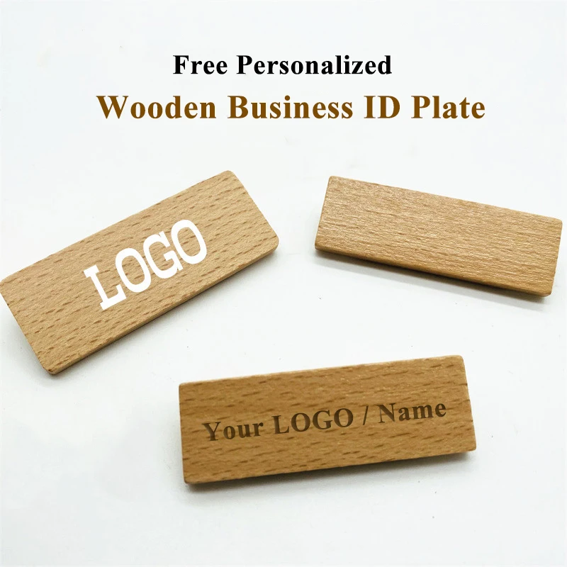 60*20mm Customizable Brooches Pin Free Personalized Engraved Text Logo Business ID Plate Wooden Tag Customized Name Badges