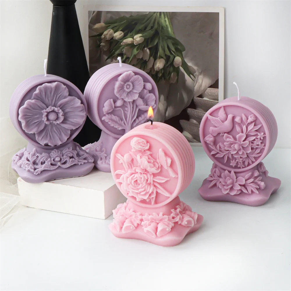 Relief Flower Platform Silicone Candle Mold Round Rose With Birds Scented Plaster Molds DIY Aromatherapy Candle Making Tools