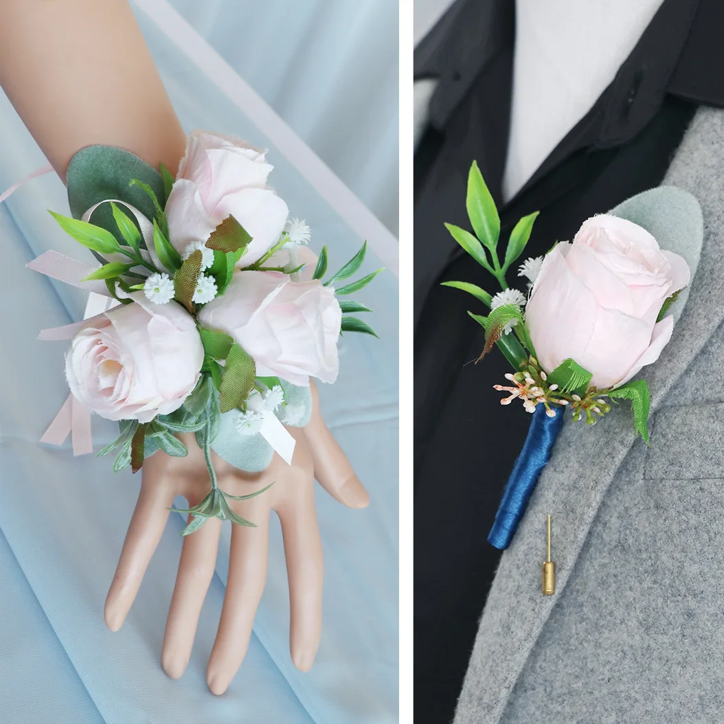 Roze Kunstmatige Bloemen Boutonnieres Pols Corsage Bruidsmeisje Huwelijk Bruiloft Accessoires 2023