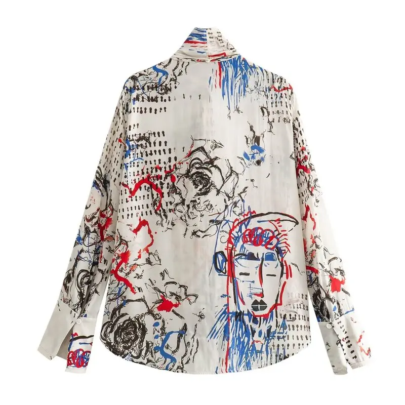 Spring New Arrival Loose Women's irt Casual Printed  Knot Top French Sle Long Sve Straight Cut Ladies Blouse
