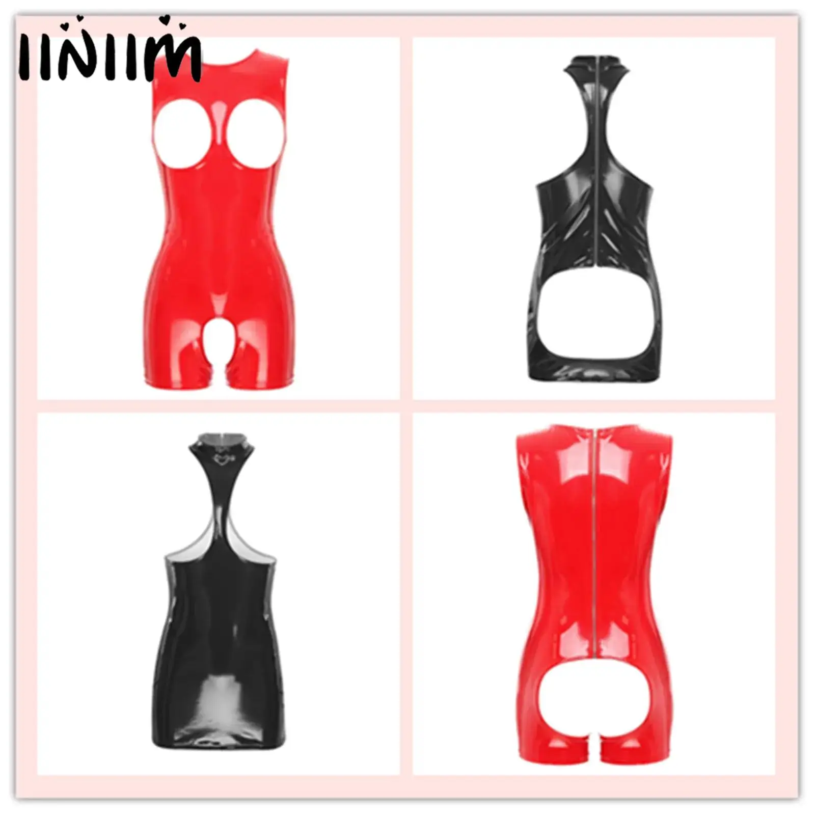 

Womens Lingerie Open Chest Open Cup Bodysuit Patent Leather Latex Catsuit Costume Bare Breast Exposed Bodycon Bodysuit Dresses