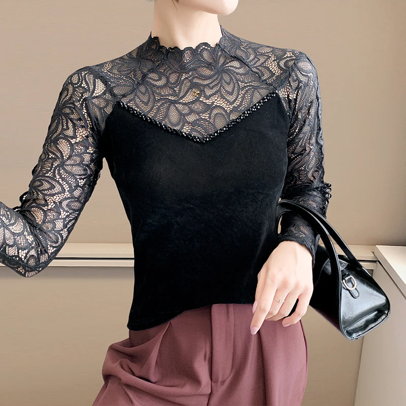 

2025 Autumn Women's Top: Velvet & Lace Long Sleeve T-shirt with Artisan Hand-Beaded Embellishment, Fitted