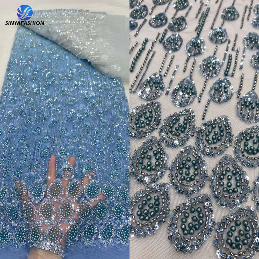 

Tim New Gradient Sequins Pearls Beads Embroidery African Nigerian French Tulle Heavy Beaded Lace Fabric Luxury For Wedding Party