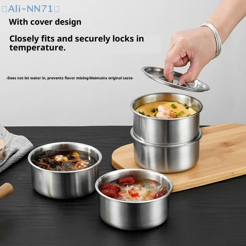 【NN71】Stainless Steel Steamed Egg Bowl Ramen Rice Fruit Salad Stew Bowls With Lids Soup Cup Food Container Tableware Supplies