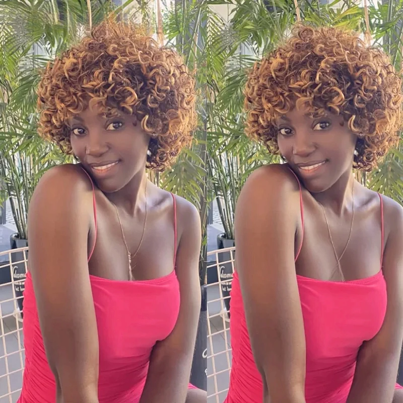 Highlight Short Human Hair Wigs 100% Remy Brazilian Curly Human Hair Wig 8 Inch Water Wave Wig 427Ombre Brown Wigs For Black Women