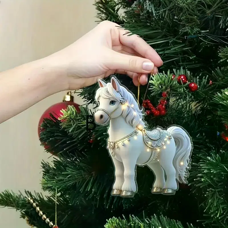

Christmas 2D Acrylic Horse Pendants Xmas Tree Hanging Ornaments Decoration Car Rearview Mirror Pendant Charm New Year Party Gift