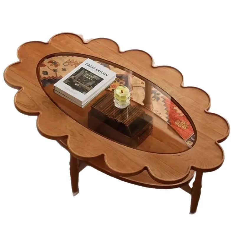 Coffee table retro cherry wood small apartment, French medieval oval glass flower edge table