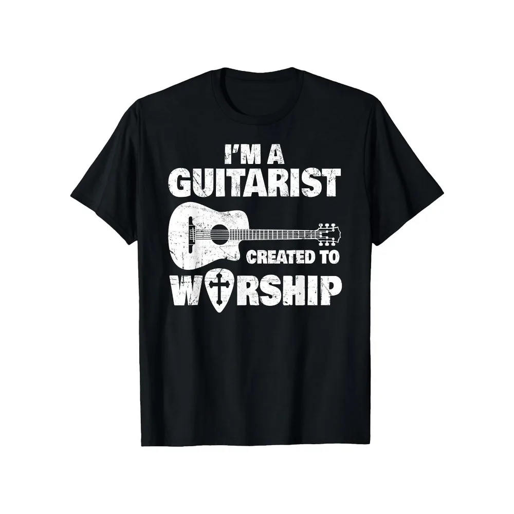 Men's Christian Guitar Worship T-Shirt - Soft Breathable Cotton Church Concert Tee with I'm a Guitarist Created to Worship Design - Black with White Music Ministry Shirt for Worship Leaders & Musicians - Religious Music Gift