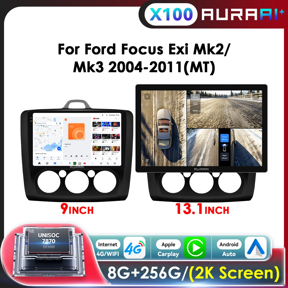 AURAAI voiture Intelligent 2K écran pour Ford Focus 2 3 Mk2 Mk3 2004 - 2011 Android stéréo GPS Navi Autoradio ADAS 360 caméra 2DIN