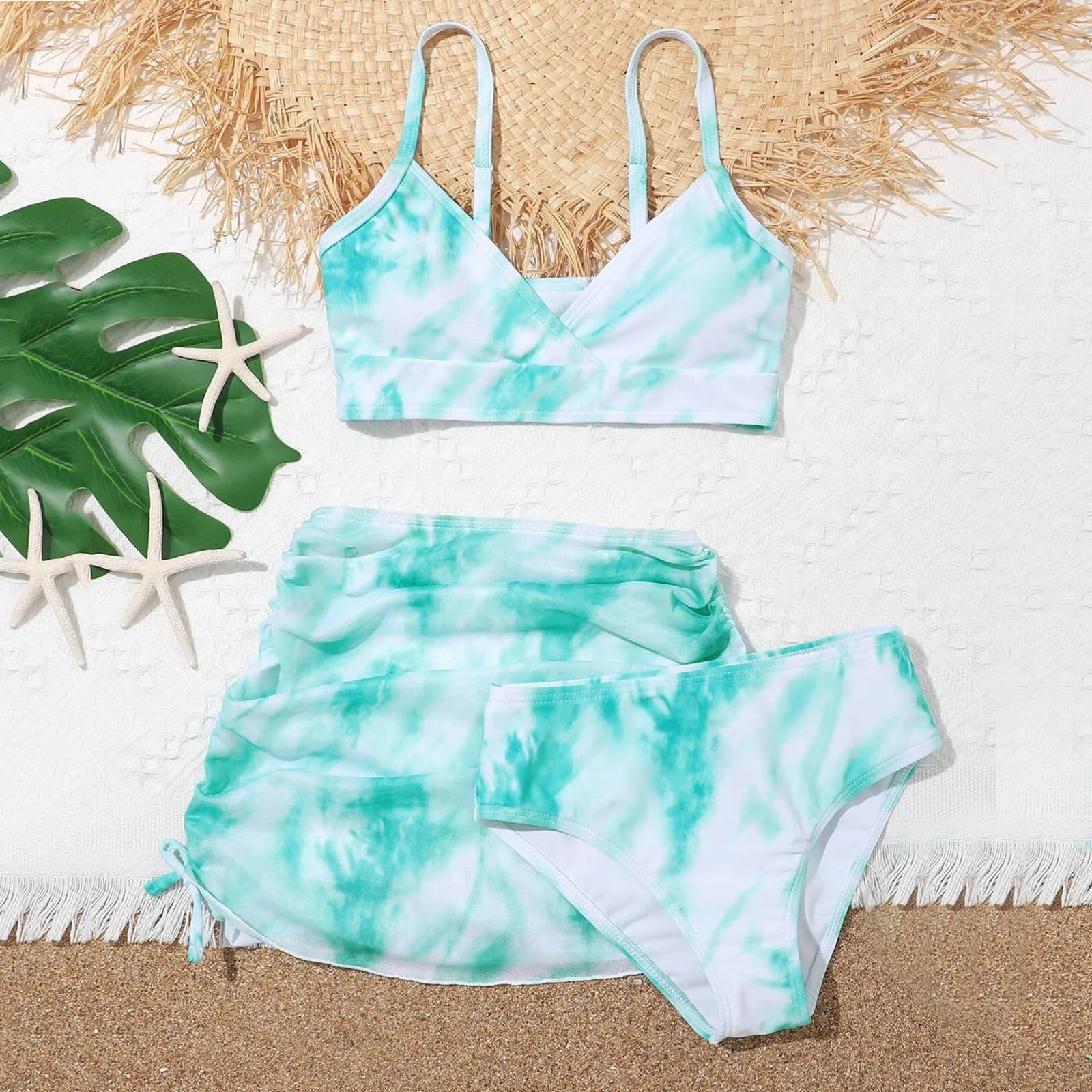Swimwear Girls\' Summer Cute Crisscross To Dyeing Printing Floral Print Three Piece Swimsuit swimwear baby girl 2-12 Year