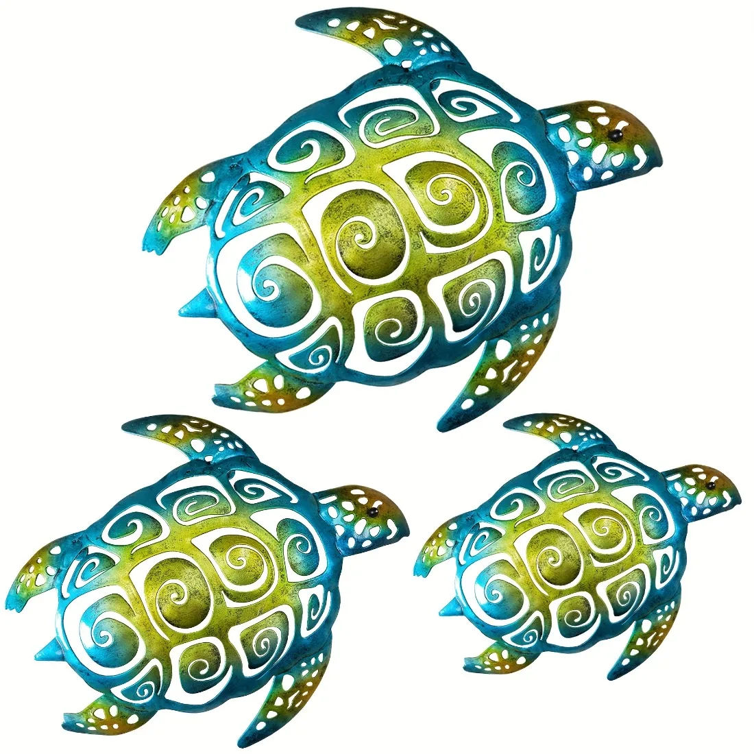 CIFBUY 3Pcs Set Iron Sea Turtle Beach Themed Wall Hanging Sculpture,2D Flat Print Rustic Coastal Wall Art for Bathroom