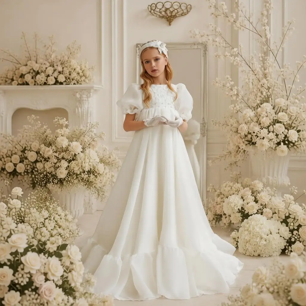 Ivory Flower Girls Dresses Puffy Appliques Short Sleeve For Wedding First Communion Gowns Infant Christening Gowns