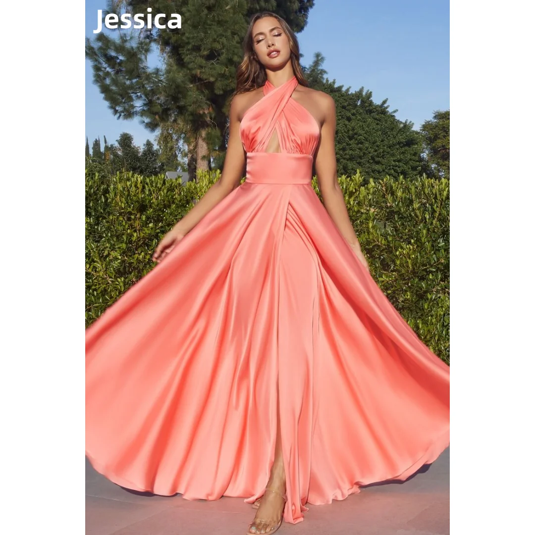 

Jessica pink Wedding Dress Simple satin Prom Dresses A-line sexy Back Side Slit Evening Dresses Vestidos De Fiesta