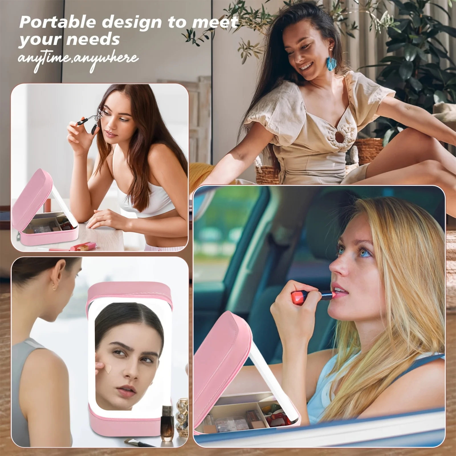 Make-up-Tasche mit Spiegel, LED-Reise-Make-up-Tasche, Make-up-Tasche, leuchtender Spiegel, verstellbar, 3-farbig wiederaufladbar, Schmuckschatulle-Organizer