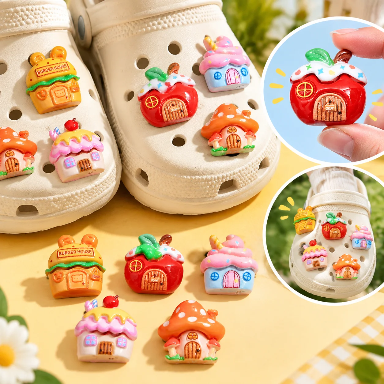 12pcs Mixed Cartoon Fairy Food House Resin Shoe Charms - DIY Decor for Clogs & Beach Bags