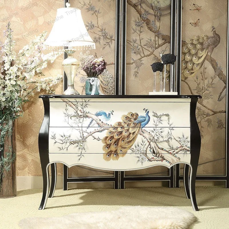 

Retro entrance cabinet, foyer, aisle painted decoration, bedroom two-pump solid wood bull bucket cabinet storage