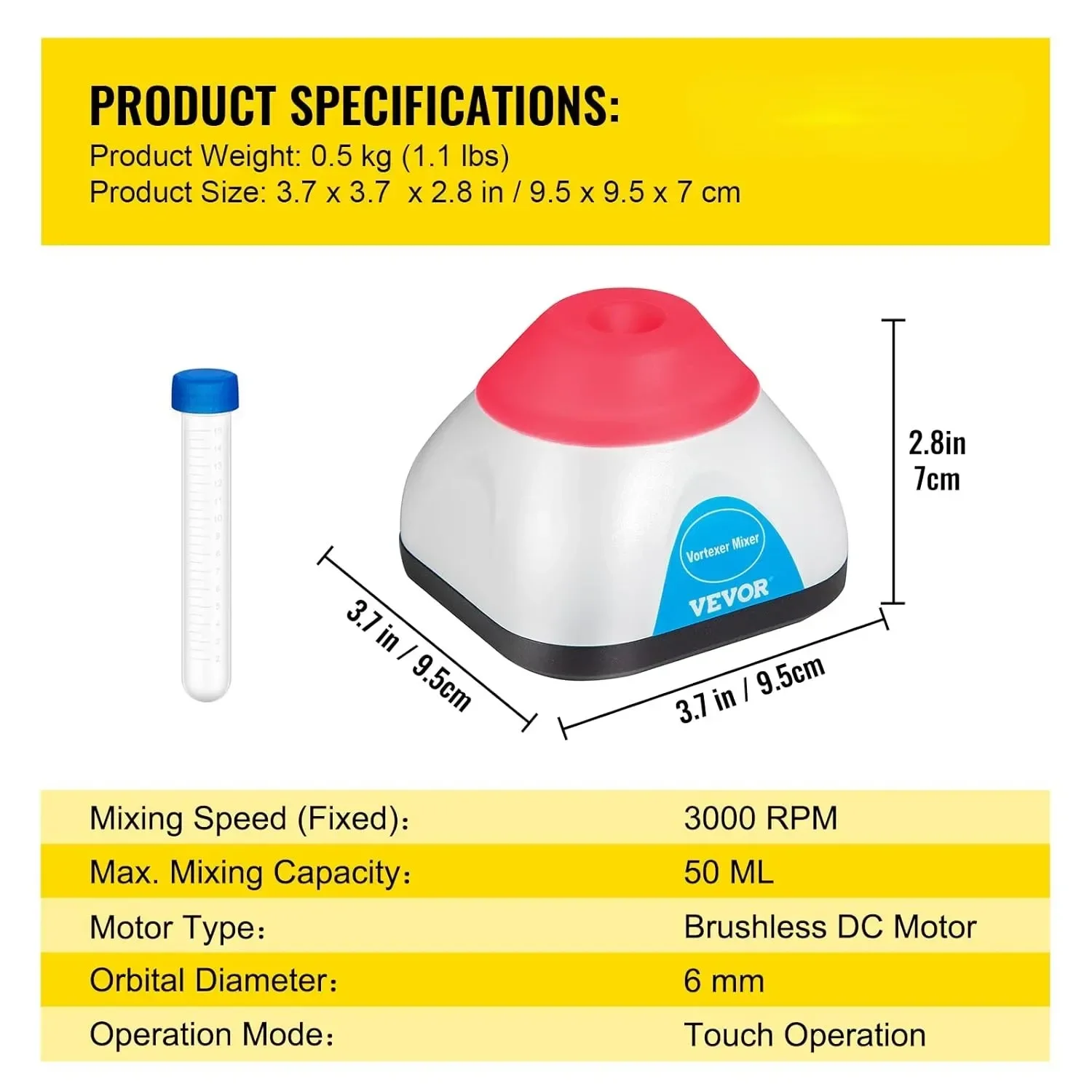 3000RPM Mini Vortex Mixer Shaker, Touch Function Scientific Lab Vortex Shaker, Mix Up to 50ML, 6mm Orbital Diameter