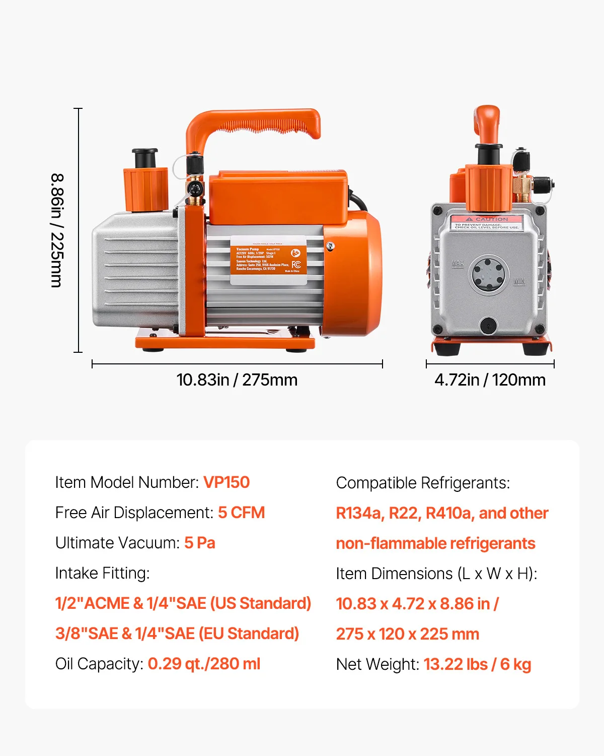 SucceBuy Vacuümpomp en oliefles 3.5CFM/4CFM/5CFM 1-traps of 6CFM 9CFM 2-traps, R134a R22 R410a Systemen Conditioner Onderhoud