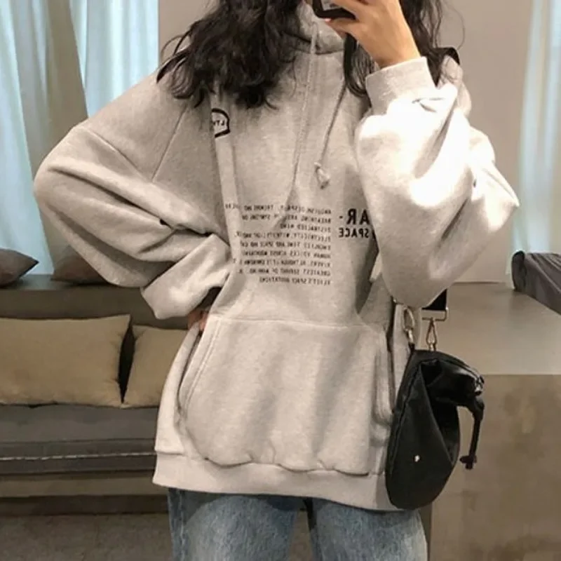 

All-match Leisure Retro Fall Thicker Teen Hoodies Harajuku Sweatshirt Women Chic Street Style Simple Letter Hooded Lady Pullover