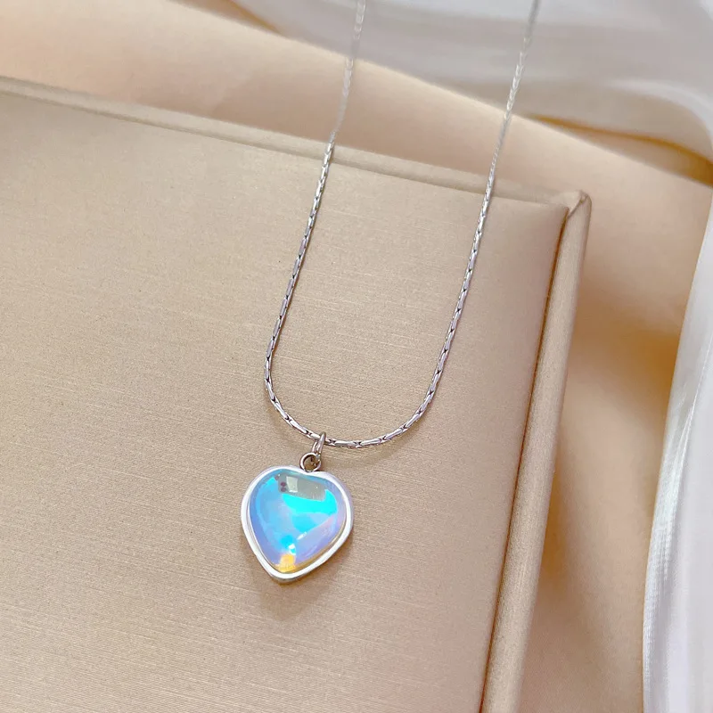 OIMG 316L Stainless Steel Gold Plated Romantic Aurora Gradient Heart Pendant Neckalce For Women Eternal Love Birthday Jewelry