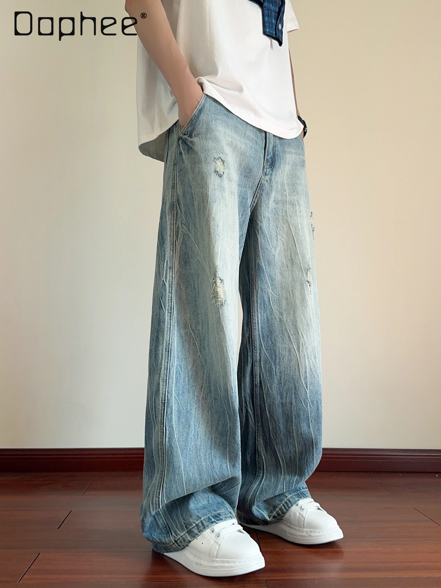2025 Spring and Autumn American Style Washed Lightning Pattern Ripped Jeans Men's Loose Straight Wide-Leg Casual Blue Pants