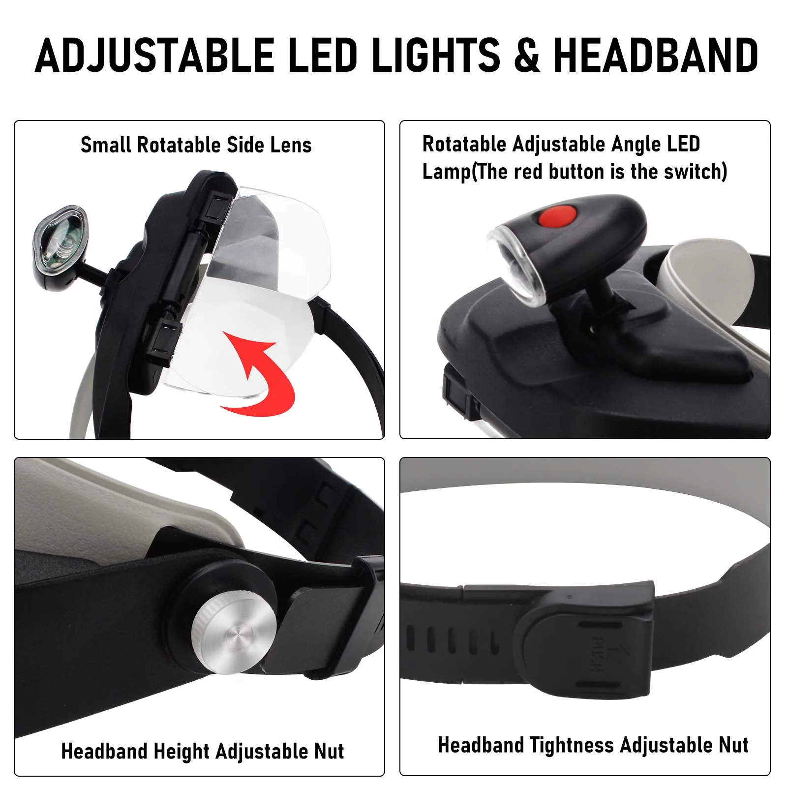 5 Lens Adjustable Headband Magnifying Glass Magnifier With LED Light lamp For Glasses Reading Optivisor Magnifier Illuminated