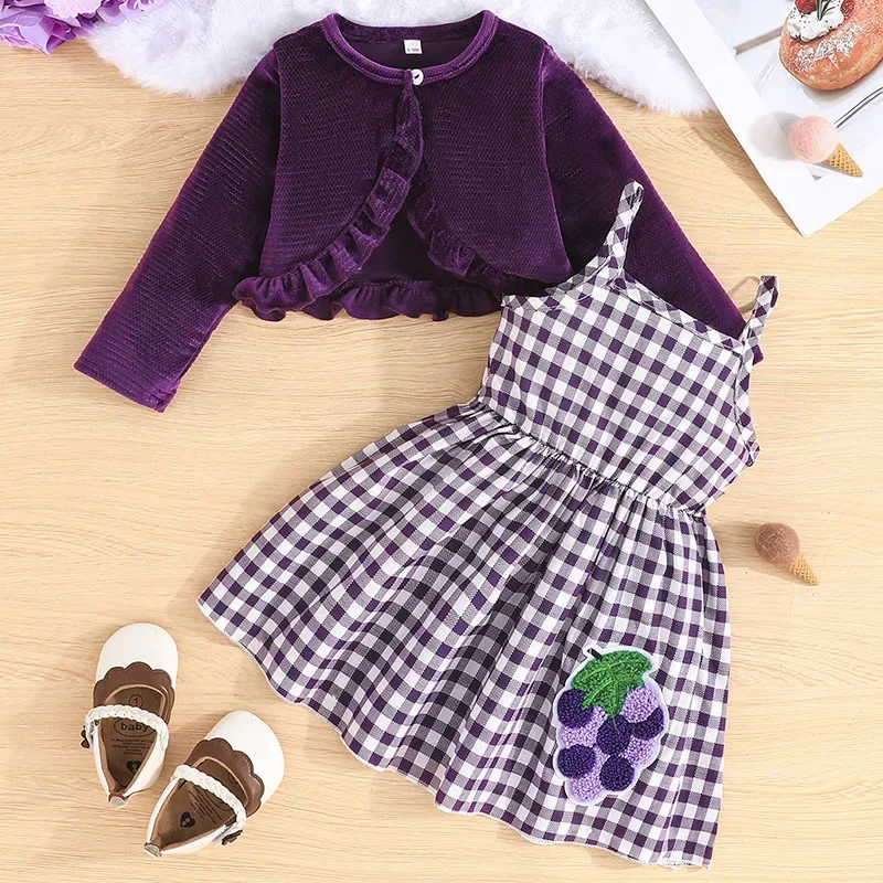 

2PCS Spring Autumn Infant Girl Clothes Korean Fashion Cute Plaid Sleeveless Princess Dress Baby Dresses+Tops Newborn Items B022