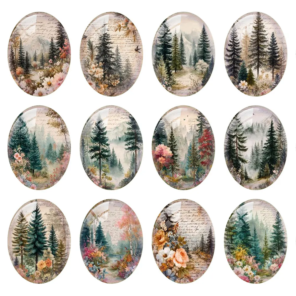 Random Mixed Round/Oval/Square Vintage Pine Forest Flower Photo Glass Cabochon Flatback Demo Cameo For Diy Jewelry Making