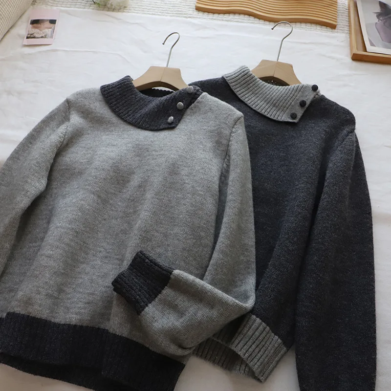 فضفاض الكورية Sle اللون بلو طوق المرأة تريكو سترة ملابس داخلية غير رسمية طويلة Sve النسيج الناعم الخريف الشتاء #3