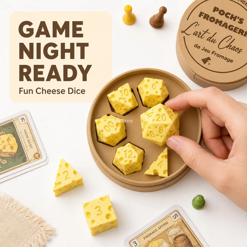 Juego de dados de queso creativos irregulares D4 D20, caja de dados portátil, adorno para juegos de mesa, reuniones familiares, decoración para fiestas