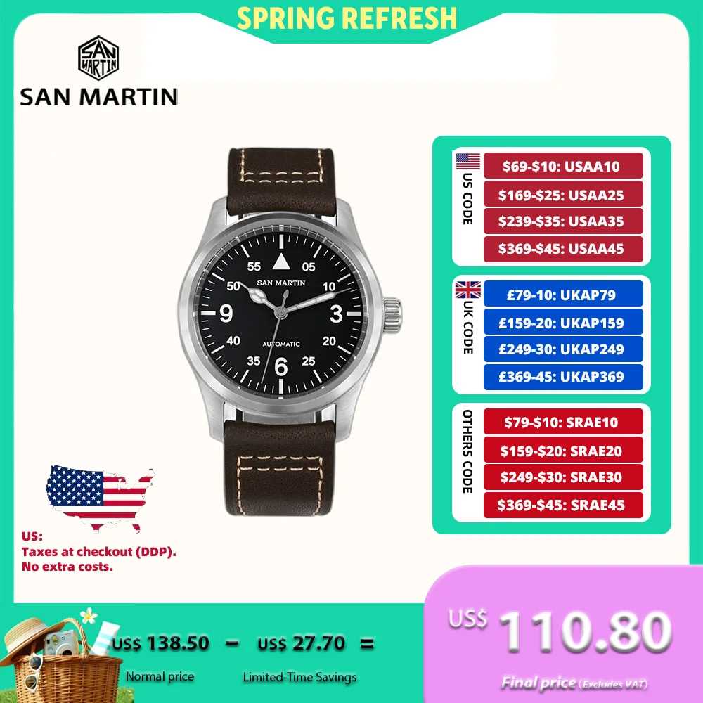 

San Martin 37mm Pilot Watch For Men 8215 Retro Mechanical Wristwatch Military Clock Automatic Waterproof 10Bar BGW9 SN0034B-1