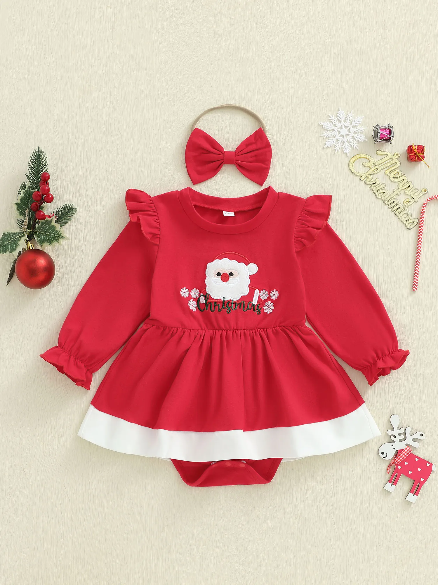 

Toddler Boy Christmas Outfit Reindeer Print Long Sleeve Romper Pants Set with Santa Hat and Bow Tie 3 Piece Ensemble