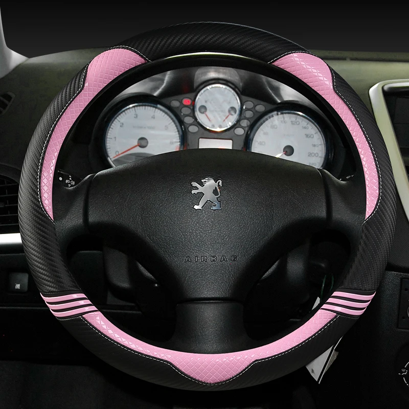 For Peugeot 307 307CC 307SW Car Steering Wheel Cover Cute Carbon Fibre PU Leather Girls Pink Auto Accessories interior Coche