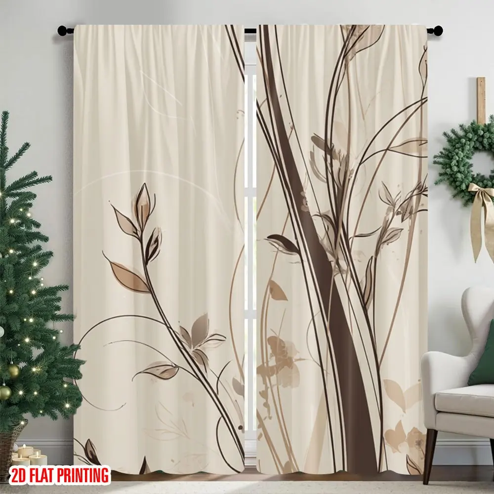 2PCS multi-color minimalist leaf pattern printed curtains with pole bag design, suitable for bedrooms and living rooms