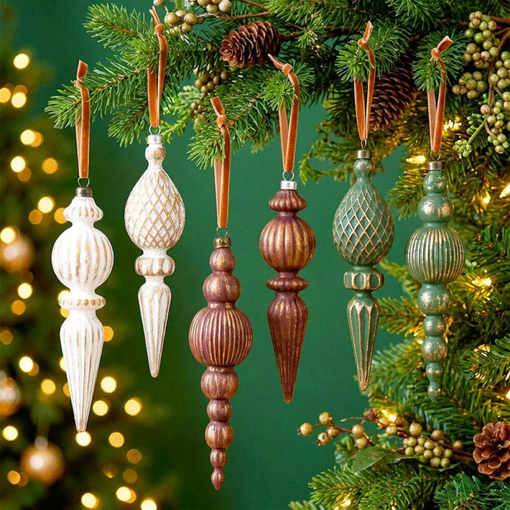 Vintage Christmas Baubles Set Brown Cream Wood Texture Hanging Ornaments Teardrop Shapes Festive Decor Supplies