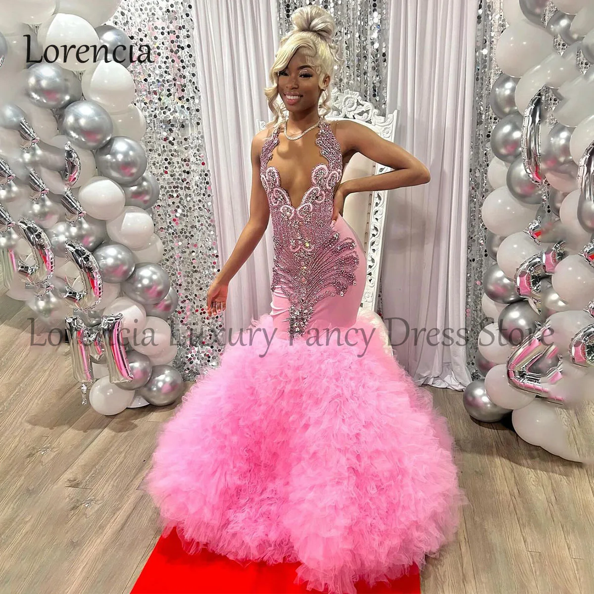 Glitter Pink Long Formal Mermaid Prom Dresses 2024 For Black Girl Beaded Rhinestones Ruffles Evening Gown vestidos de gala