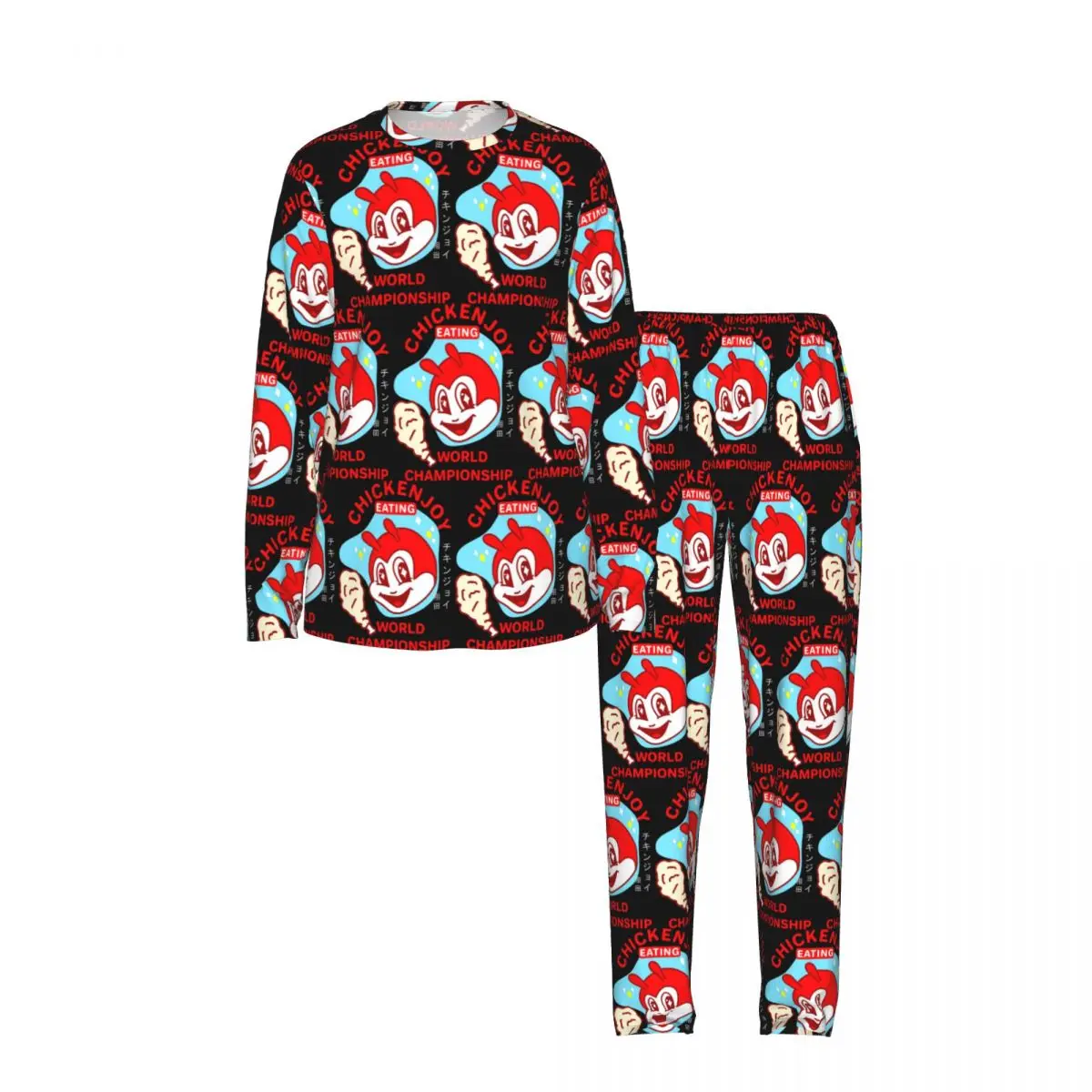 Jollibee Burger Restaurant Mascot Round Neck Long Sleeve Nightgowns for Sleeping Sleepshirts Women Loose Pajama Set Long Pants