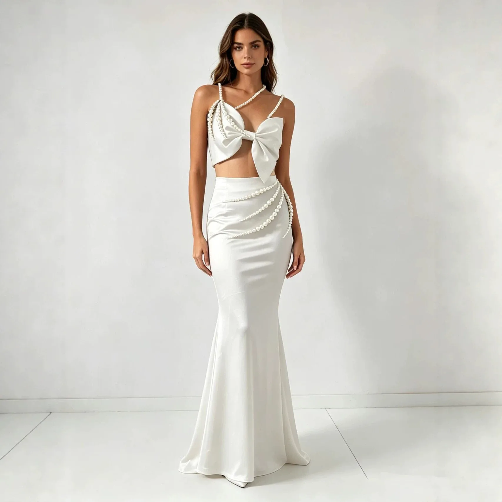 

2026 Summer Chic Big Bowknot Two Piece Luxury Pearl Chain Backless Top + High Waist Satin Long Skirt Formal Evening Party Gown