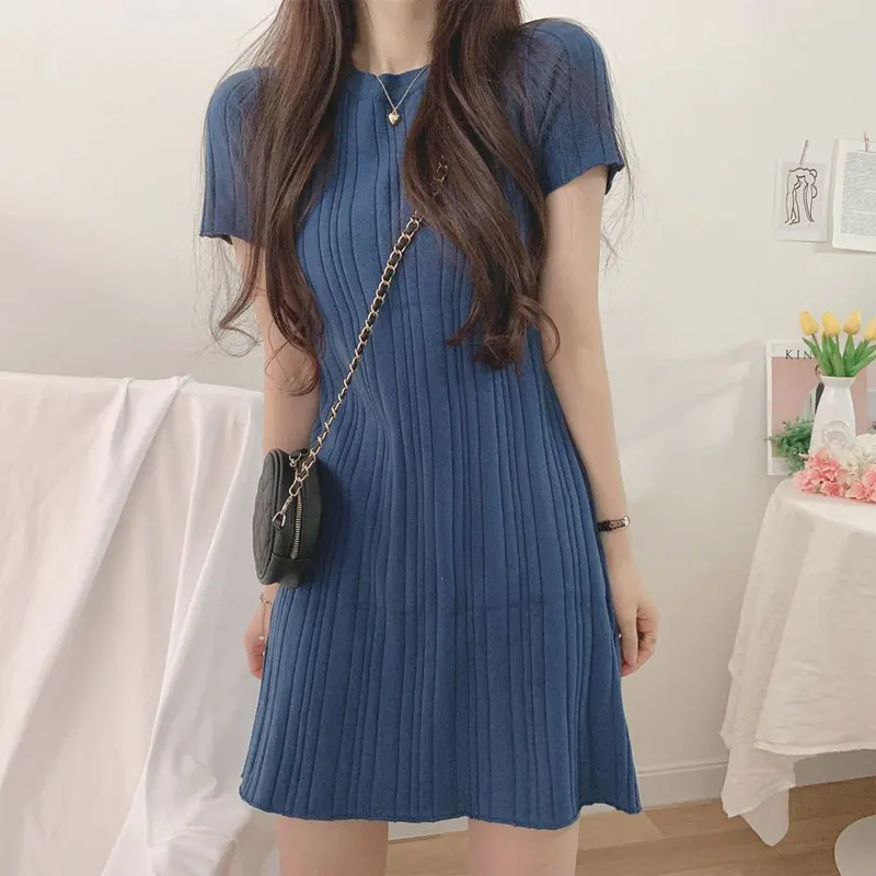 Summer Korean O-Neck Mini Dress Female Clothing All-match Solid Color Short Sleeve Casual A-Line Waist Elegant Folds Dresses New