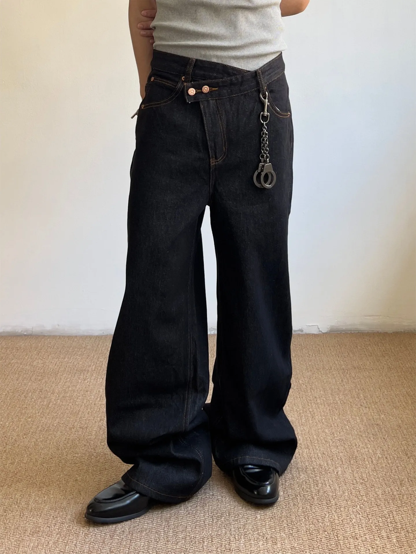 American High Street Vibe Vintage Irregular Design Jeans Men's Loose Straight Casual Wide Leg Pants All Seasons Comfortable Fit