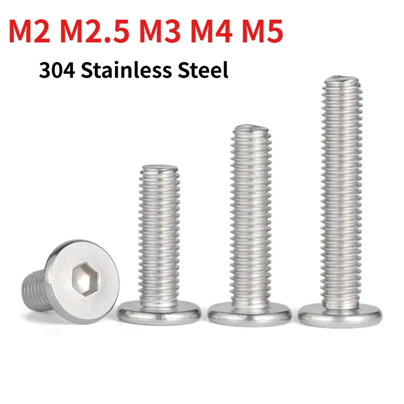 M2 M2.5 M3 M4 M5 M6 M8 M10 M12 304 Stainless Steel Ultra Low Profile Hex Socket Screw, Flat Large Head Allen Machine Screw