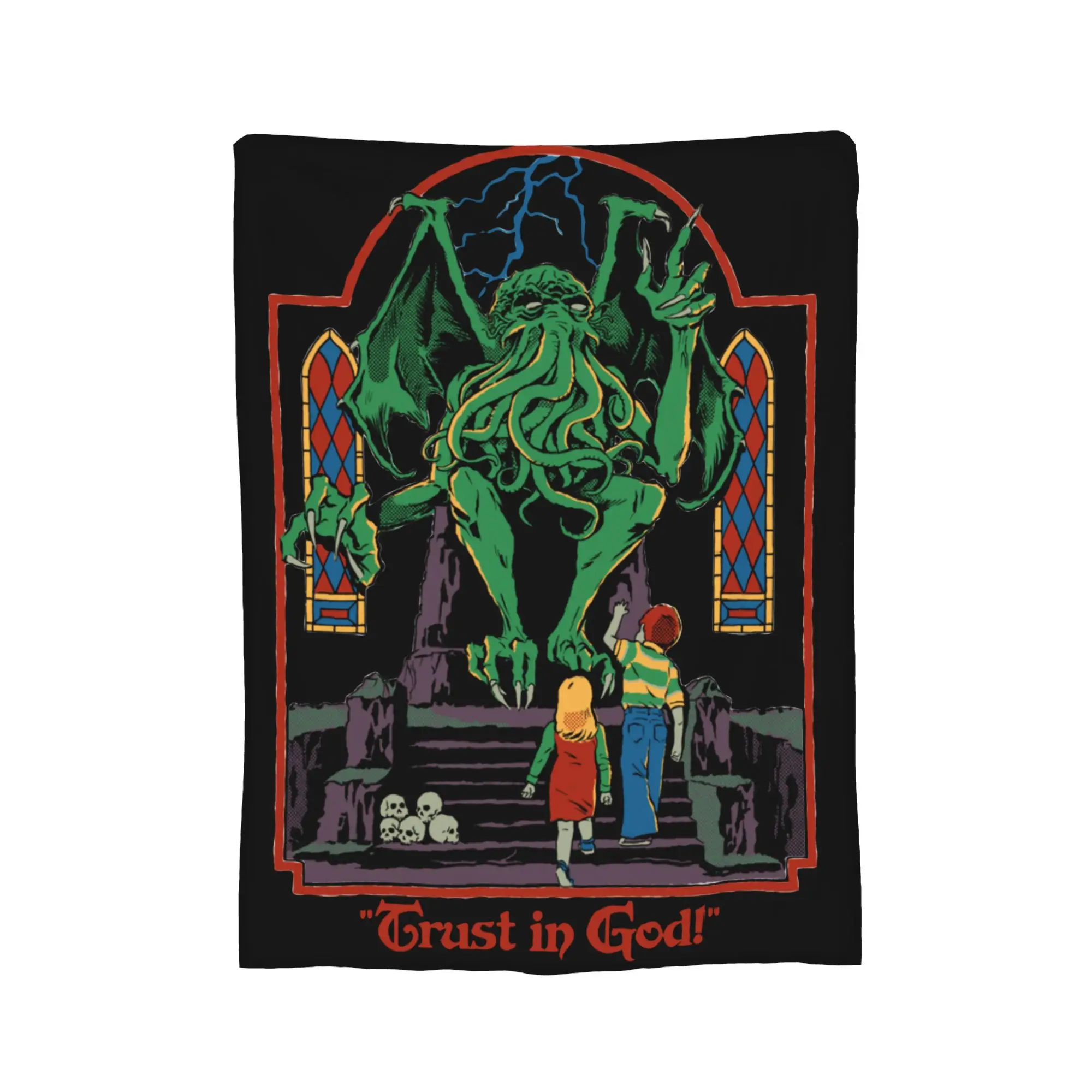 Trust in God Knitted Blanket Flannel Horror Halloween Cthulhu Lovecraft Occult Thin Throw Blanket for Home Couch Bedroom Quilt