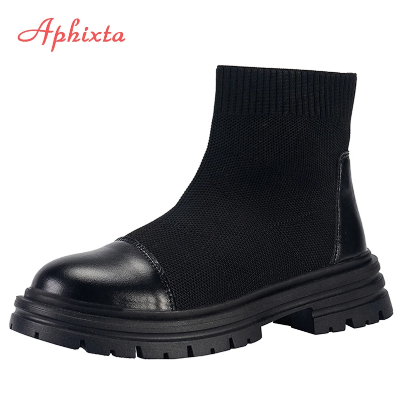 Aphixta 2022 Winter Waterproof Platform Short Boots Women Stretch Fabric Two-layer Sole Chunky Sole Fashion Breathable Shoes